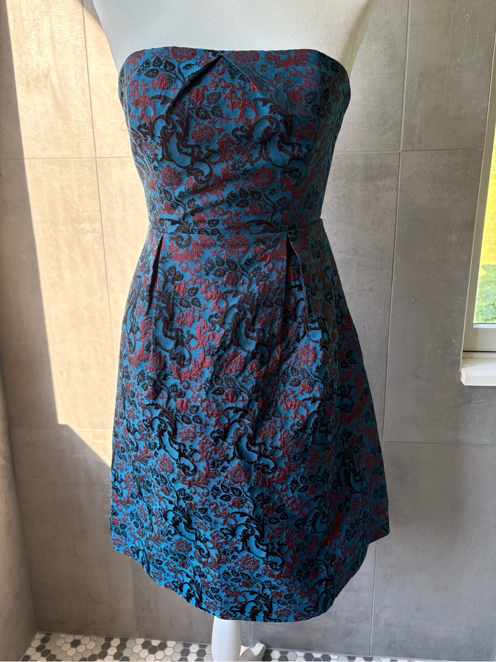 Strapless Floral Jacquard Cocktail Dress in Teal and Burgundy